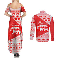 Georgia Christmas Couples Matching Summer Maxi Dress and Long Sleeve Button Shirt with Bear Mountains Forest Pattern and Traditional Georgian Design - Wonder Print Shop