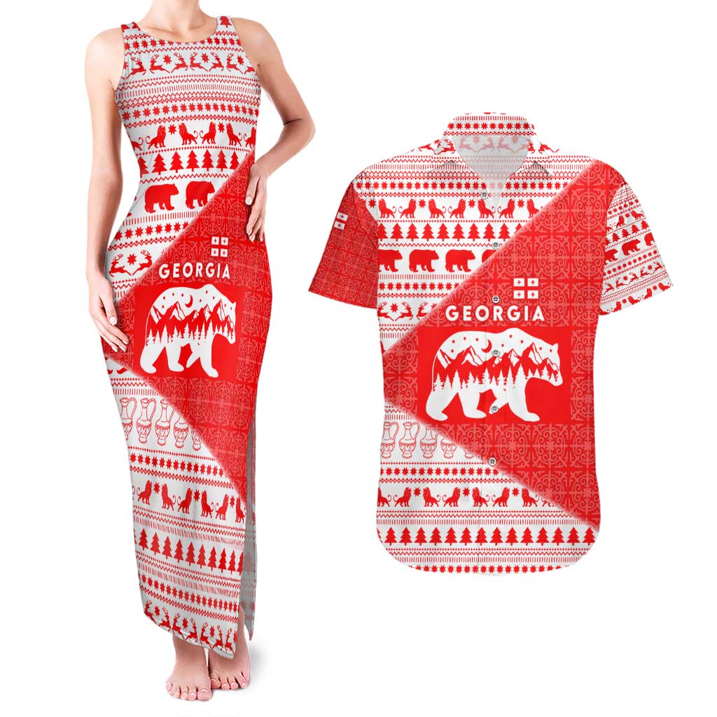 Georgia Christmas Couples Matching Tank Maxi Dress and Hawaiian Shirt with Bear Mountains Forest Pattern and Traditional Georgian Design - Wonder Print Shop