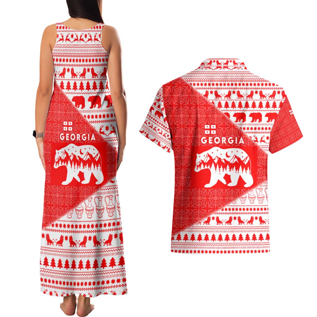 Georgia Christmas Couples Matching Tank Maxi Dress and Hawaiian Shirt with Bear Mountains Forest Pattern and Traditional Georgian Design - Wonder Print Shop