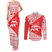 Georgia Christmas Couples Matching Tank Maxi Dress and Long Sleeve Button Shirt with Bear Mountains Forest Pattern and Traditional Georgian Design - Wonder Print Shop