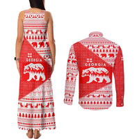 Georgia Christmas Couples Matching Tank Maxi Dress and Long Sleeve Button Shirt with Bear Mountains Forest Pattern and Traditional Georgian Design - Wonder Print Shop