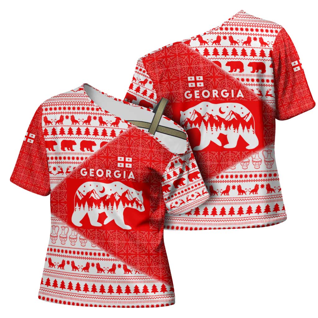 Georgia Christmas Cross Shoulder Shirt with Bear Mountains Forest Pattern and Traditional Georgian Design - Wonder Print Shop
