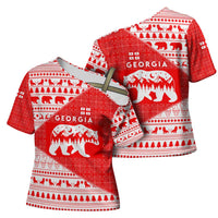 Georgia Christmas Cross Shoulder Shirt with Bear Mountains Forest Pattern and Traditional Georgian Design - Wonder Print Shop