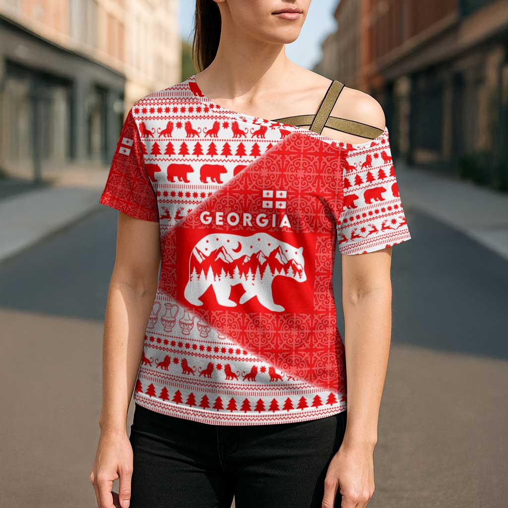 Georgia Christmas Cross Shoulder Shirt with Bear Mountains Forest Pattern and Traditional Georgian Design - Wonder Print Shop