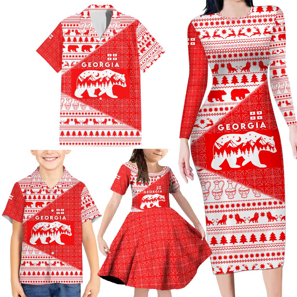 Georgia Christmas Family Matching Long Sleeve Bodycon Dress and Hawaiian Shirt with Bear Mountains Forest Pattern and Traditional Georgian Design - Wonder Print Shop