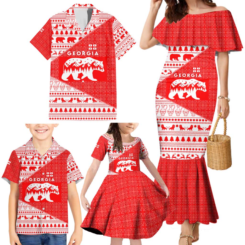 Georgia Christmas Family Matching Mermaid Dress and Hawaiian Shirt with Bear Mountains Forest Pattern and Traditional Georgian Design - Wonder Print Shop