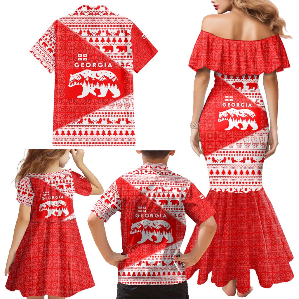Georgia Christmas Family Matching Mermaid Dress and Hawaiian Shirt with Bear Mountains Forest Pattern and Traditional Georgian Design - Wonder Print Shop