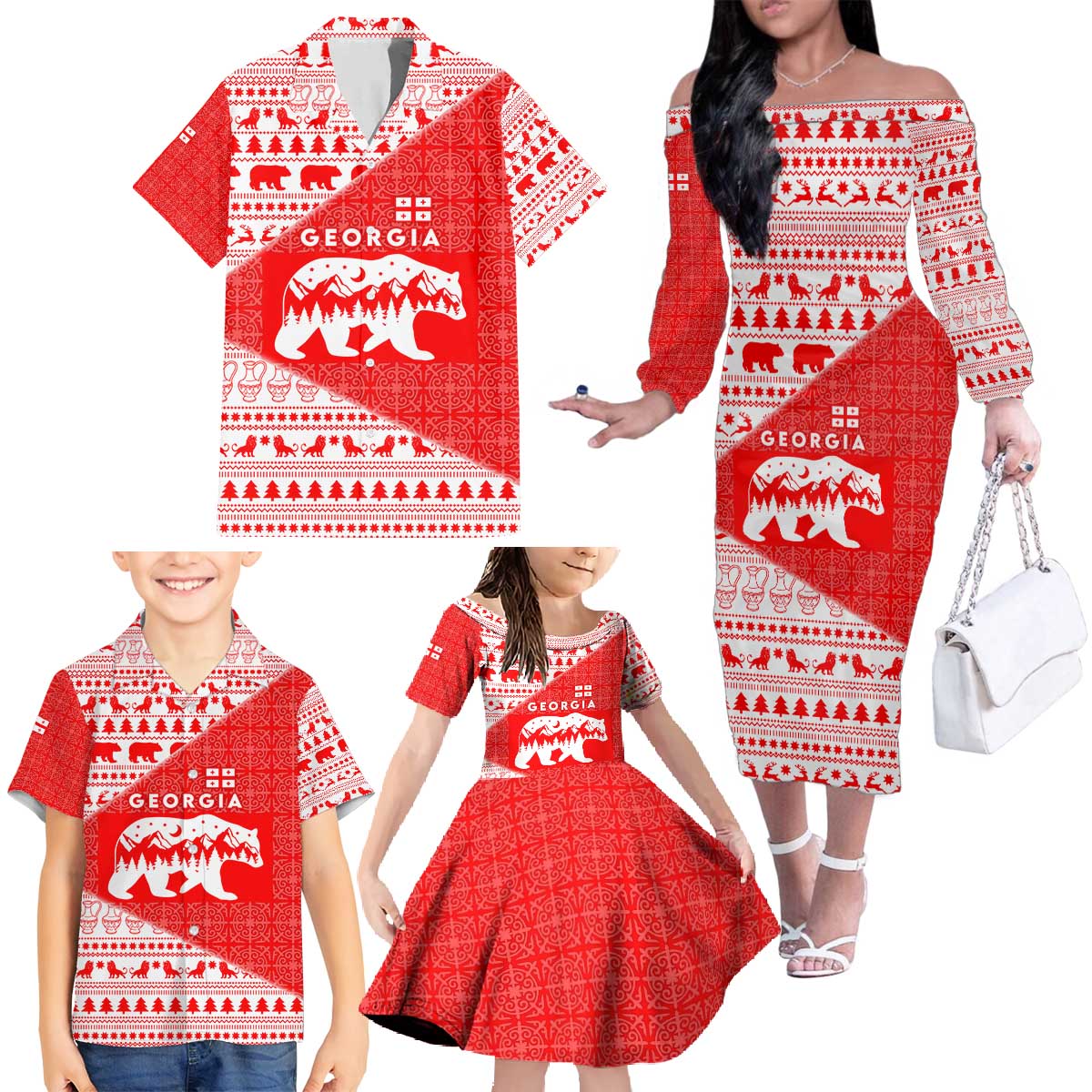 Georgia Christmas Family Matching Off The Shoulder Long Sleeve Dress and Hawaiian Shirt with Bear Mountains Forest Pattern and Traditional Georgian Design - Wonder Print Shop