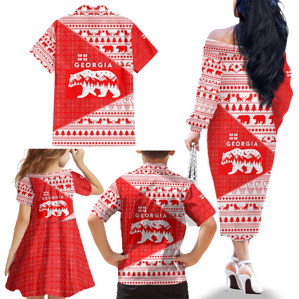 Georgia Christmas Family Matching Off The Shoulder Long Sleeve Dress and Hawaiian Shirt with Bear Mountains Forest Pattern and Traditional Georgian Design - Wonder Print Shop