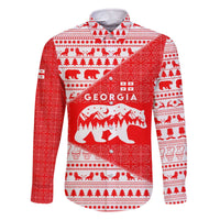 Georgia Christmas Family Matching Off The Shoulder Long Sleeve Dress and Hawaiian Shirt with Bear Mountains Forest Pattern and Traditional Georgian Design - Wonder Print Shop