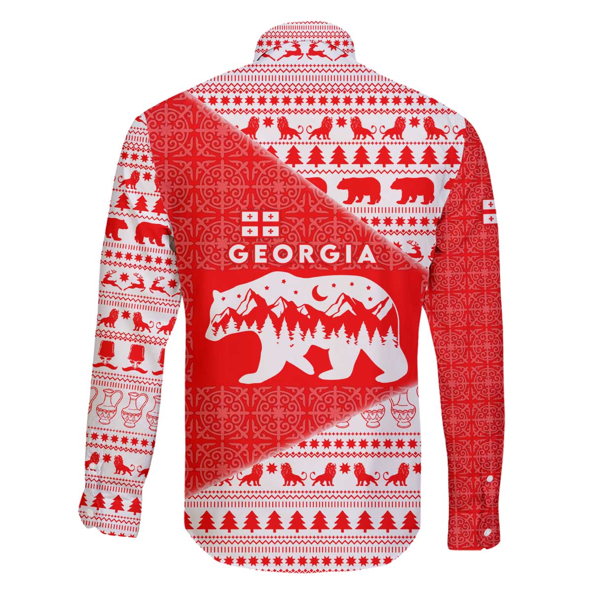 Georgia Christmas Family Matching Off The Shoulder Long Sleeve Dress and Hawaiian Shirt with Bear Mountains Forest Pattern and Traditional Georgian Design - Wonder Print Shop
