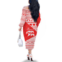 Georgia Christmas Family Matching Off The Shoulder Long Sleeve Dress and Hawaiian Shirt with Bear Mountains Forest Pattern and Traditional Georgian Design - Wonder Print Shop