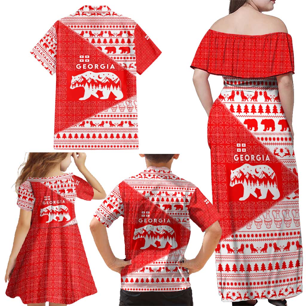 Georgia Christmas Family Matching Off Shoulder Maxi Dress and Hawaiian Shirt with Bear Mountains Forest Pattern and Traditional Georgian Design - Wonder Print Shop