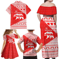 Georgia Christmas Family Matching Off Shoulder Maxi Dress and Hawaiian Shirt with Bear Mountains Forest Pattern and Traditional Georgian Design - Wonder Print Shop