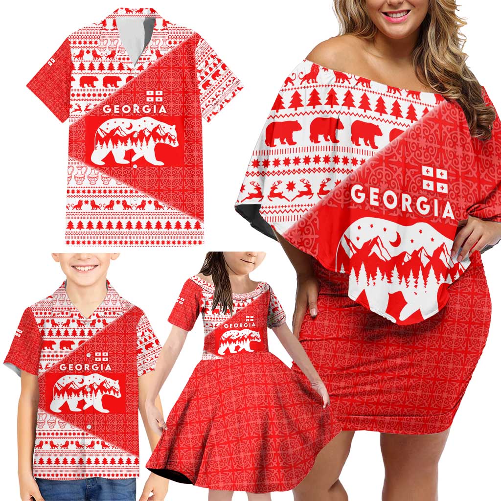 Georgia Christmas Family Matching Off Shoulder Short Dress and Hawaiian Shirt with Bear Mountains Forest Pattern and Traditional Georgian Design - Wonder Print Shop