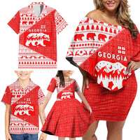 Georgia Christmas Family Matching Off Shoulder Short Dress and Hawaiian Shirt with Bear Mountains Forest Pattern and Traditional Georgian Design - Wonder Print Shop