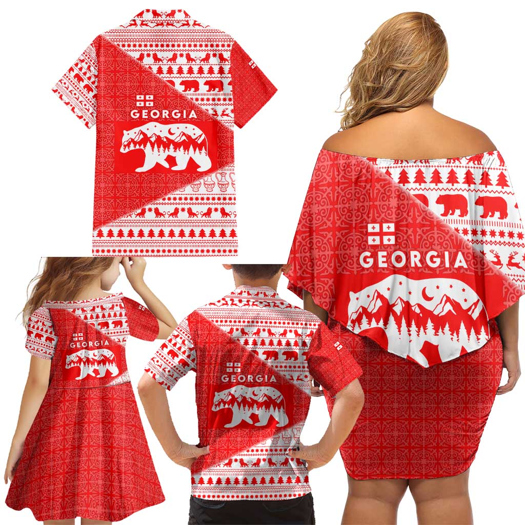 Georgia Christmas Family Matching Off Shoulder Short Dress and Hawaiian Shirt with Bear Mountains Forest Pattern and Traditional Georgian Design - Wonder Print Shop
