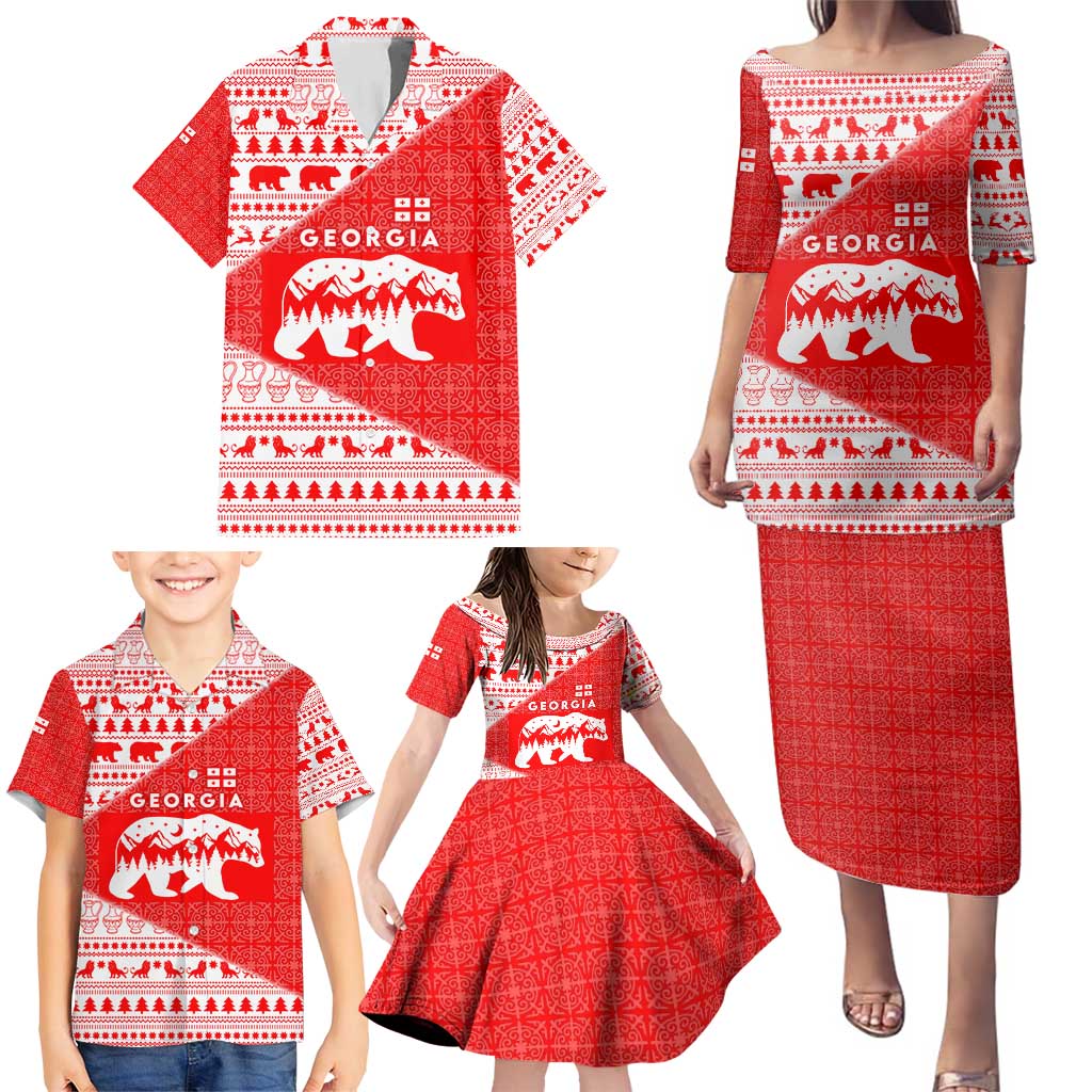 Georgia Christmas Family Matching Puletasi and Hawaiian Shirt with Bear Mountains Forest Pattern and Traditional Georgian Design - Wonder Print Shop