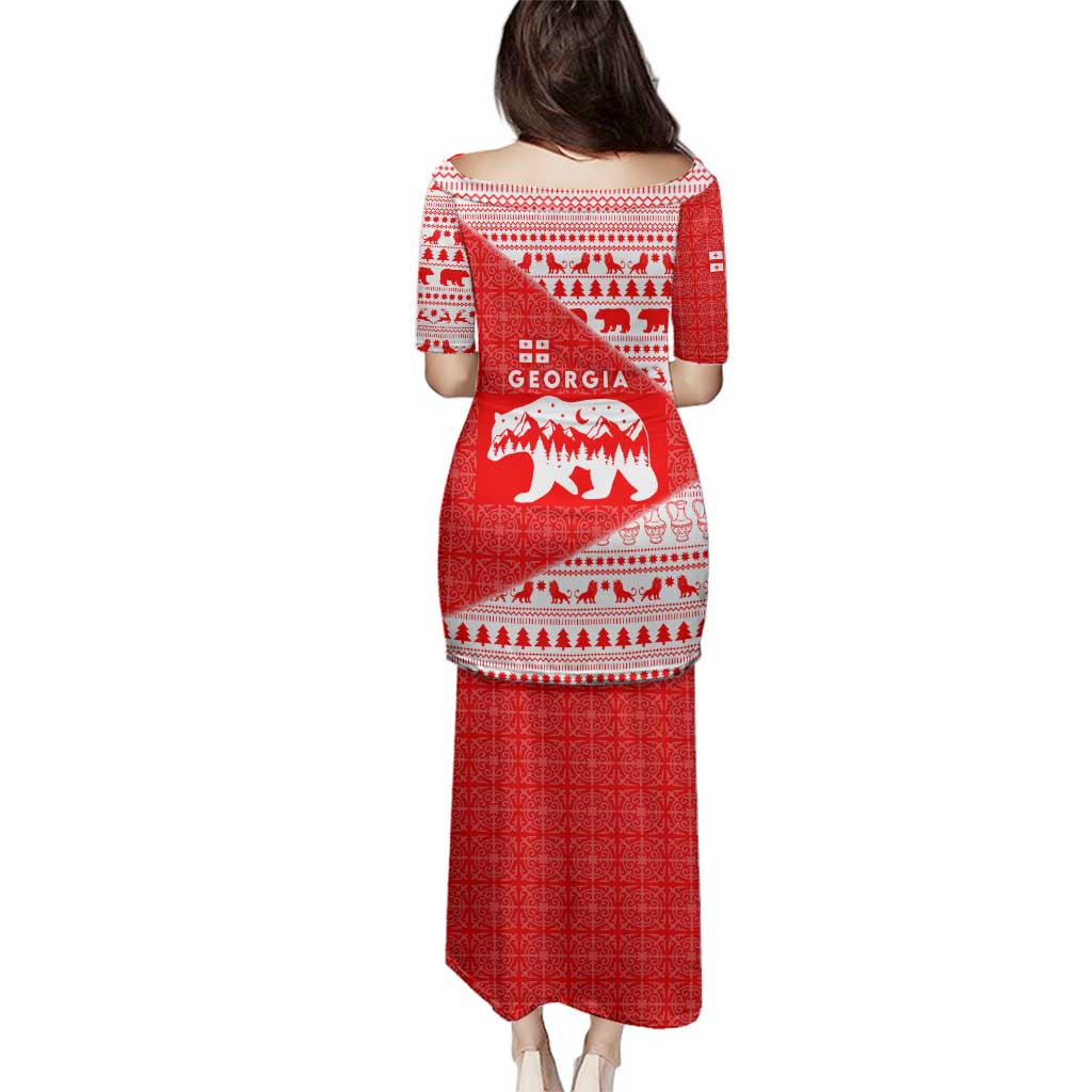 Georgia Christmas Family Matching Puletasi and Hawaiian Shirt with Bear Mountains Forest Pattern and Traditional Georgian Design - Wonder Print Shop