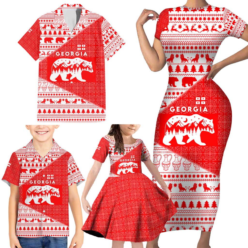 Georgia Christmas Family Matching Short Sleeve Bodycon Dress and Hawaiian Shirt with Bear Mountains Forest Pattern and Traditional Georgian Design - Wonder Print Shop