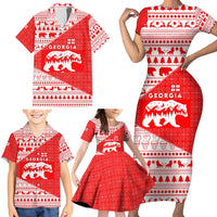Georgia Christmas Family Matching Short Sleeve Bodycon Dress and Hawaiian Shirt with Bear Mountains Forest Pattern and Traditional Georgian Design - Wonder Print Shop