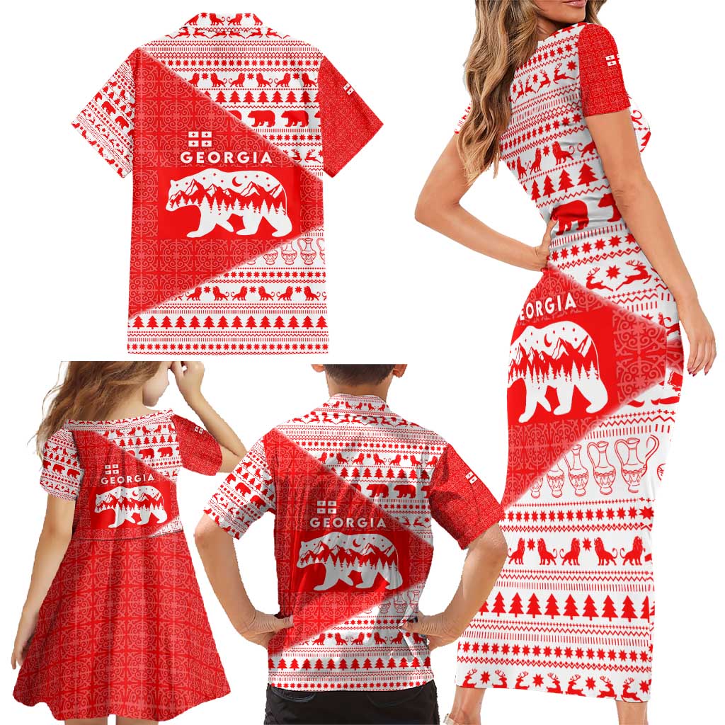 Georgia Christmas Family Matching Short Sleeve Bodycon Dress and Hawaiian Shirt with Bear Mountains Forest Pattern and Traditional Georgian Design - Wonder Print Shop