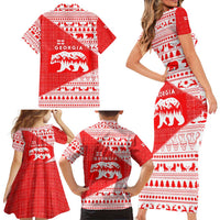 Georgia Christmas Family Matching Short Sleeve Bodycon Dress and Hawaiian Shirt with Bear Mountains Forest Pattern and Traditional Georgian Design - Wonder Print Shop
