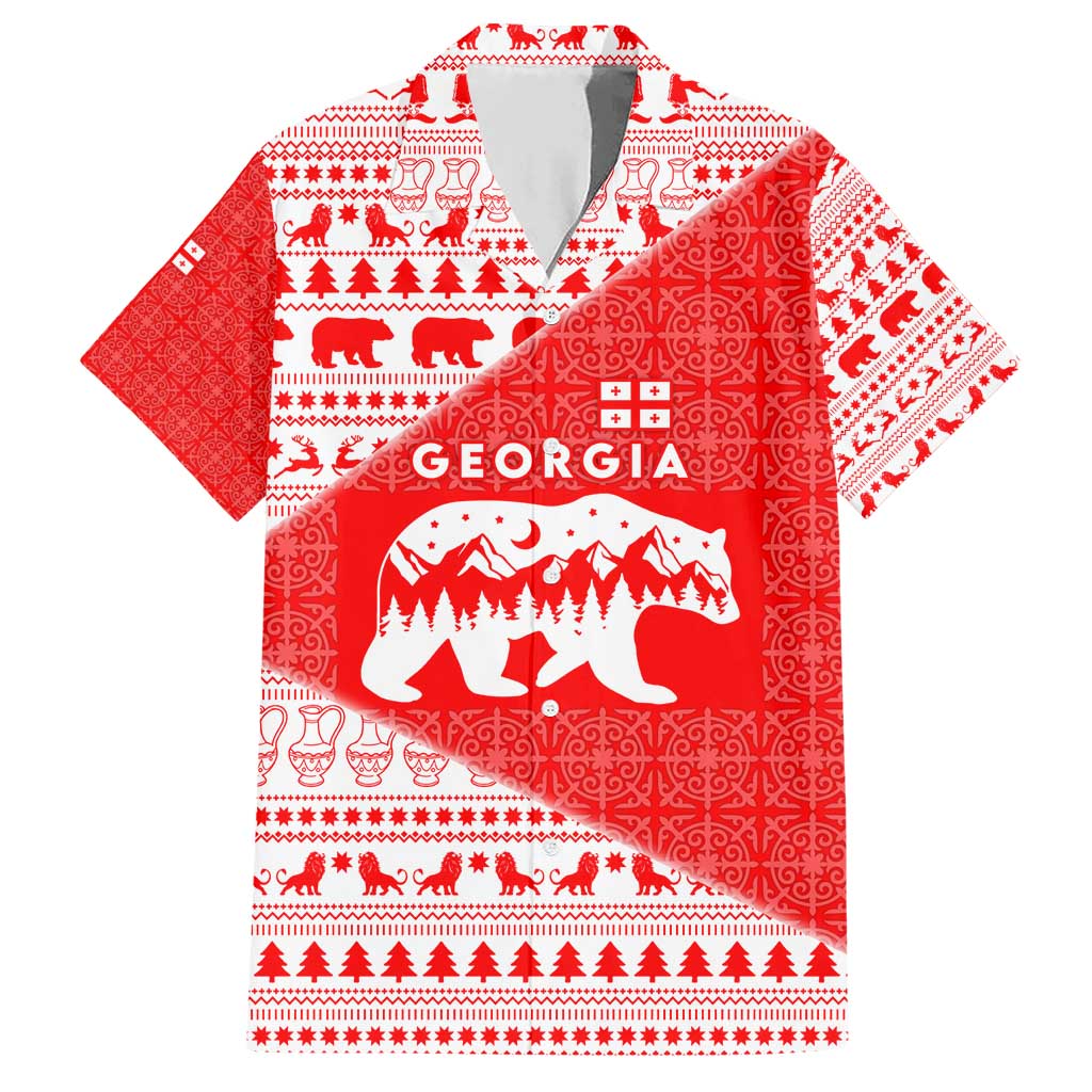 Georgia Christmas Family Matching Short Sleeve Bodycon Dress and Hawaiian Shirt with Bear Mountains Forest Pattern and Traditional Georgian Design - Wonder Print Shop