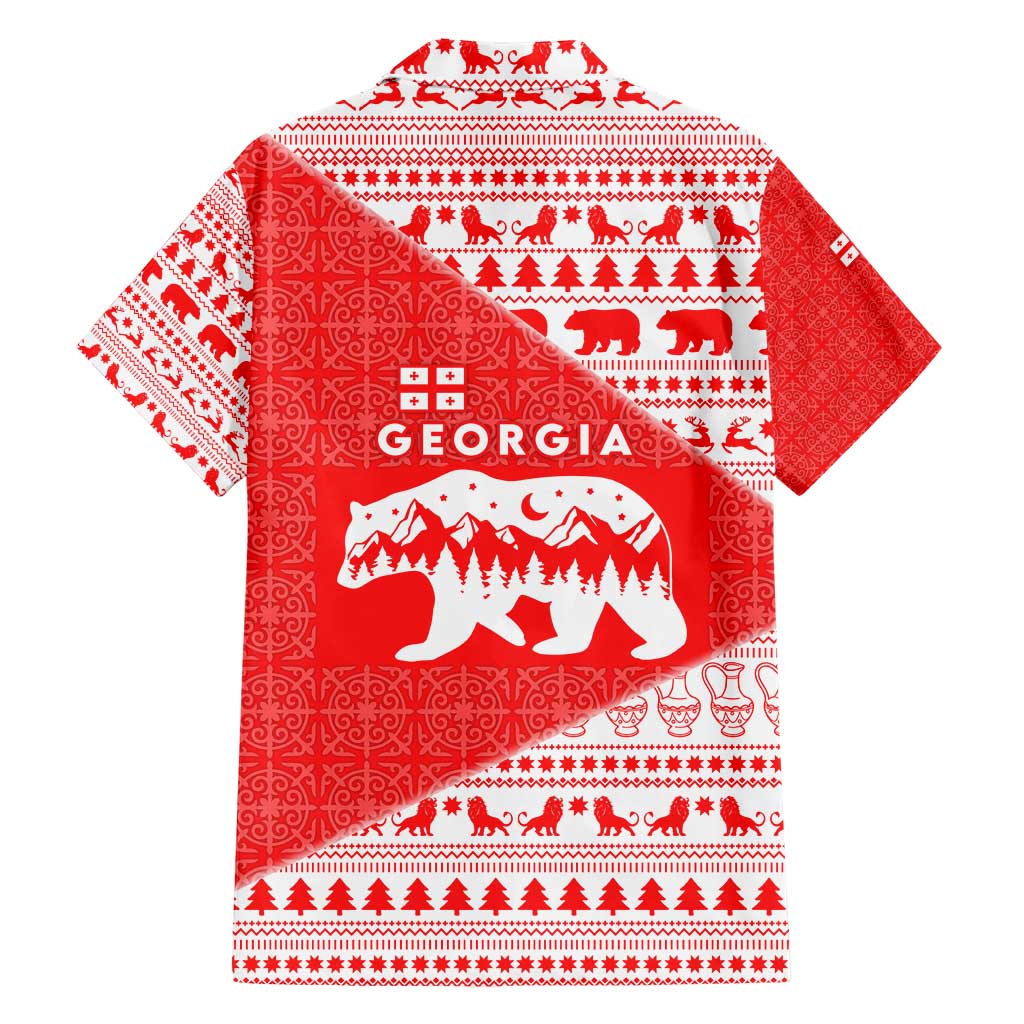 Georgia Christmas Family Matching Short Sleeve Bodycon Dress and Hawaiian Shirt with Bear Mountains Forest Pattern and Traditional Georgian Design - Wonder Print Shop