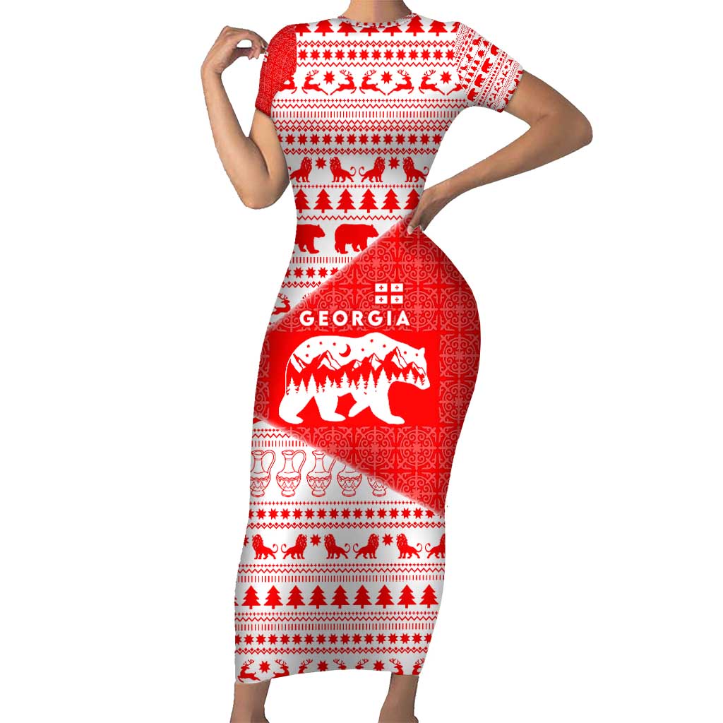 Georgia Christmas Family Matching Short Sleeve Bodycon Dress and Hawaiian Shirt with Bear Mountains Forest Pattern and Traditional Georgian Design - Wonder Print Shop