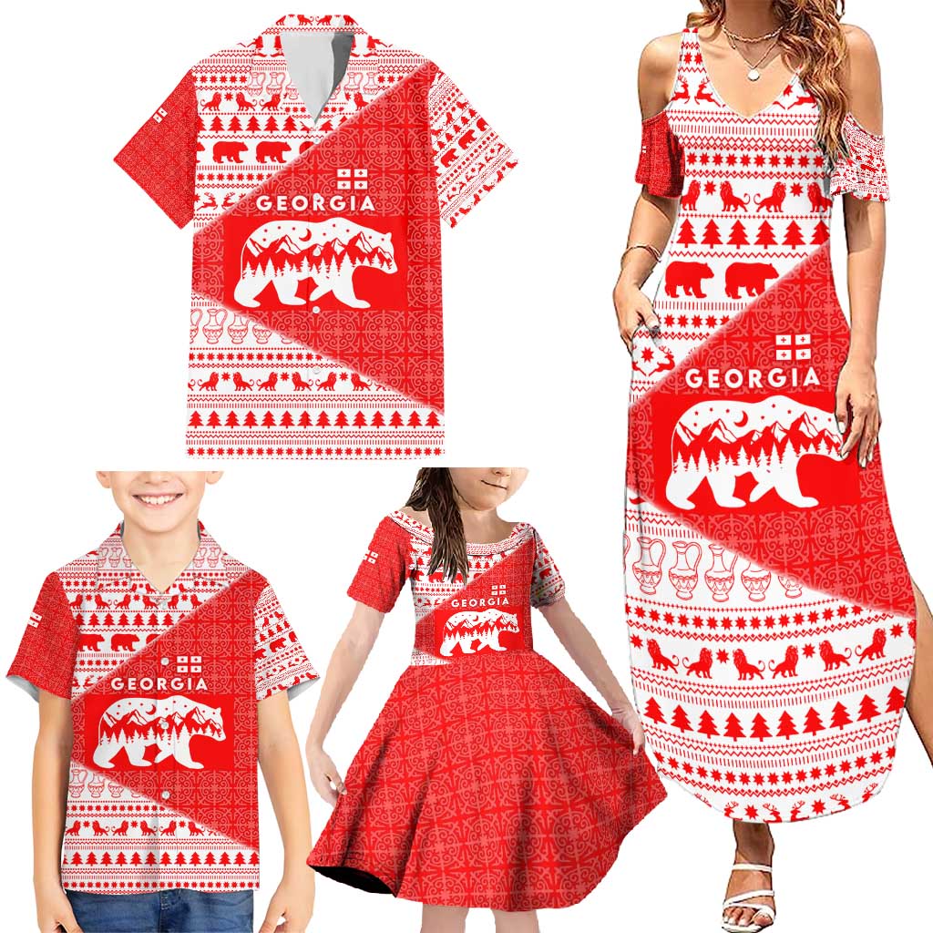 Georgia Christmas Family Matching Summer Maxi Dress and Hawaiian Shirt with Bear Mountains Forest Pattern and Traditional Georgian Design - Wonder Print Shop