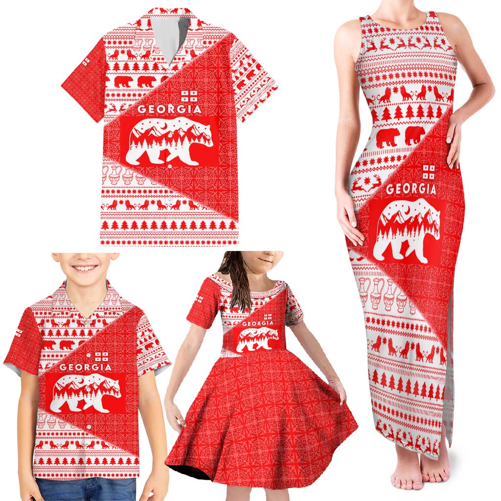 Georgia Christmas Family Matching Tank Maxi Dress and Hawaiian Shirt with Bear Mountains Forest Pattern and Traditional Georgian Design - Wonder Print Shop