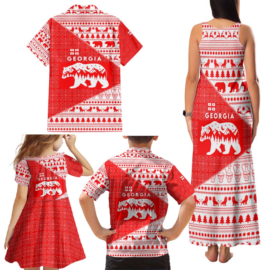 Georgia Christmas Family Matching Tank Maxi Dress and Hawaiian Shirt with Bear Mountains Forest Pattern and Traditional Georgian Design - Wonder Print Shop
