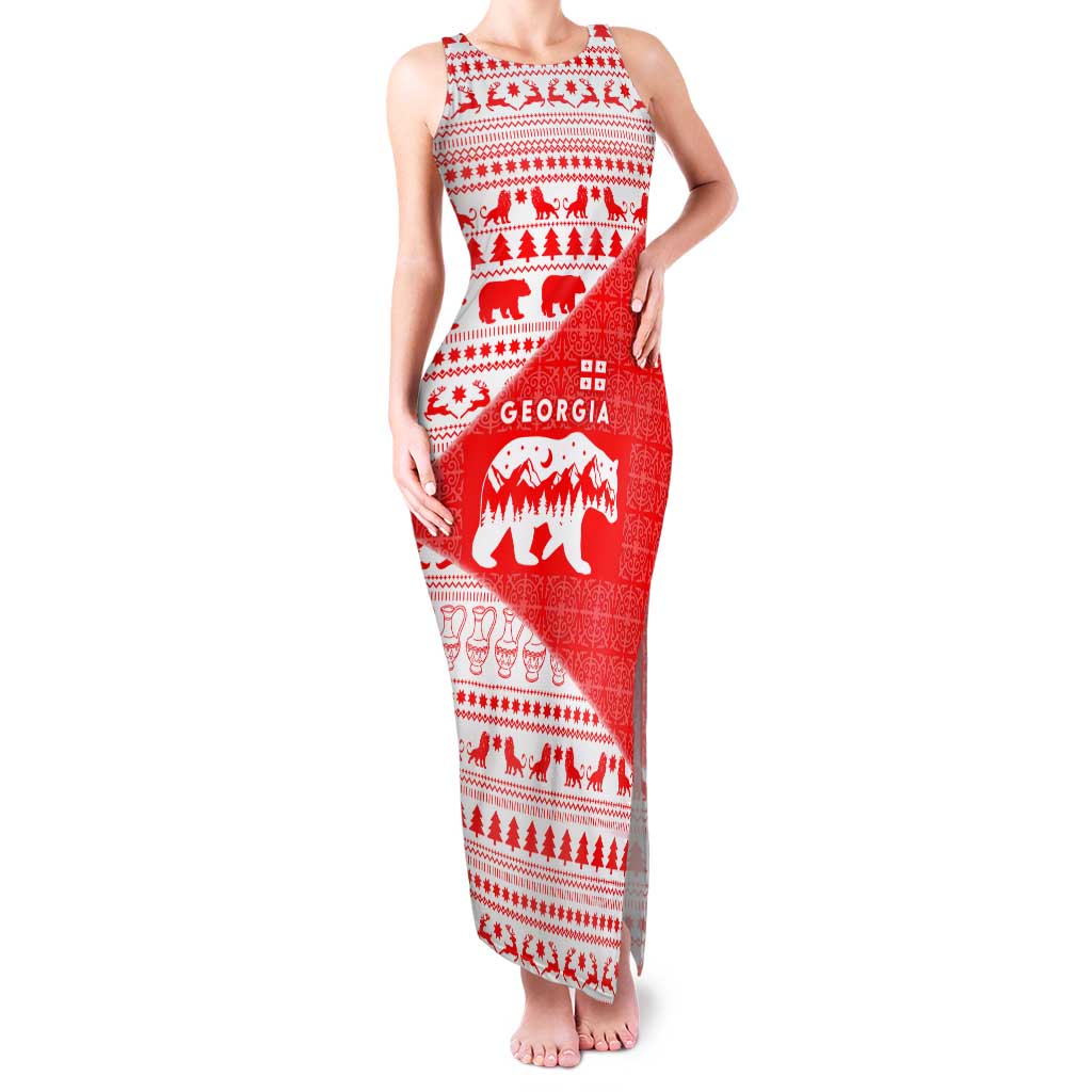 Georgia Christmas Family Matching Tank Maxi Dress and Hawaiian Shirt with Bear Mountains Forest Pattern and Traditional Georgian Design - Wonder Print Shop