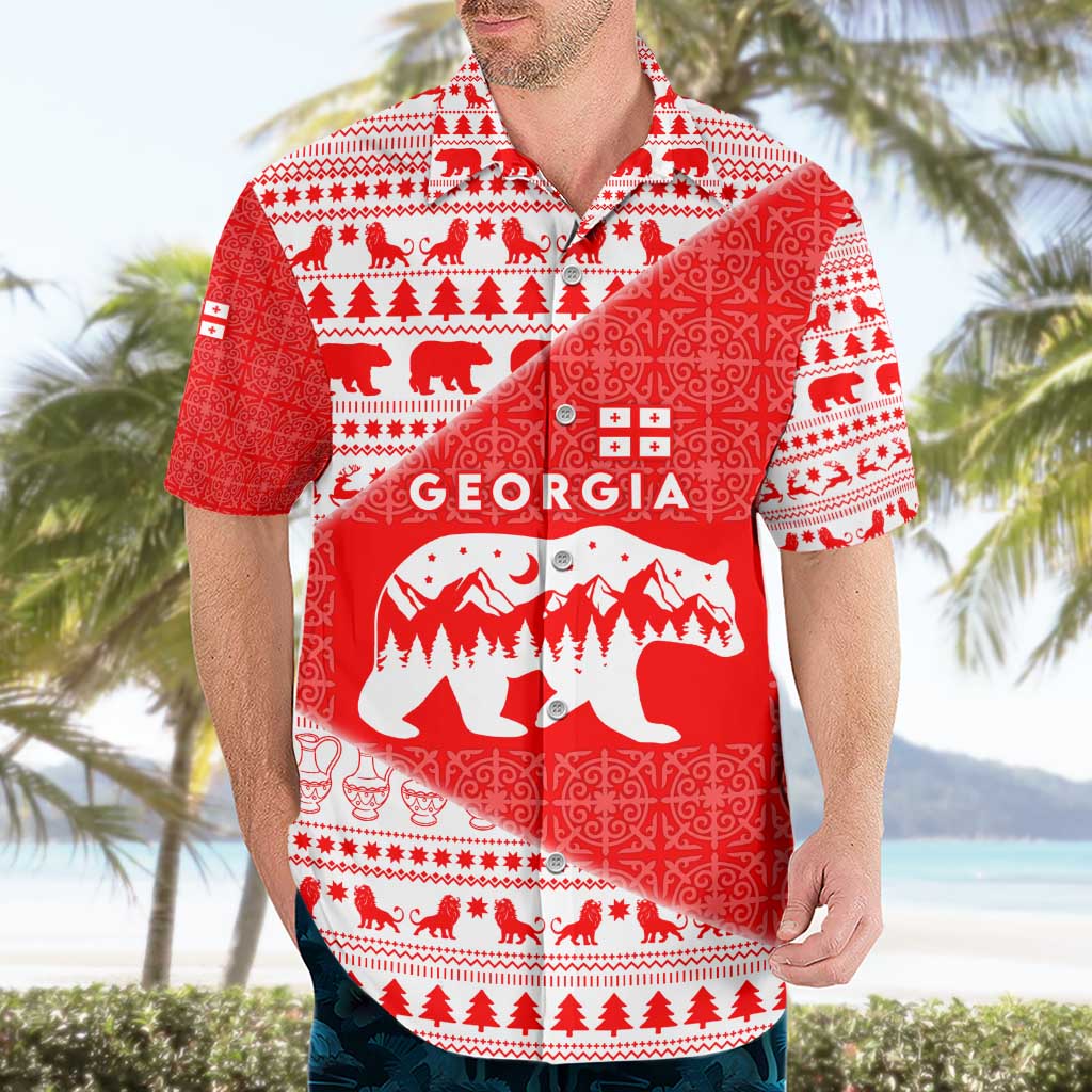 Georgia Christmas Hawaiian Shirt with Bear Mountains Forest Pattern and Traditional Georgian Design - Wonder Print Shop