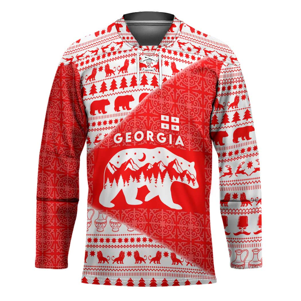 Georgia Christmas Hockey Jersey with Bear Mountains Forest Pattern and Traditional Georgian Design - Wonder Print Shop