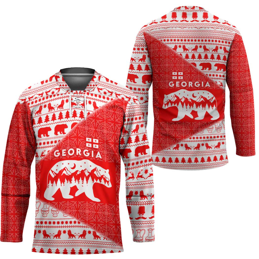 Georgia Christmas Hockey Jersey with Bear Mountains Forest Pattern and Traditional Georgian Design - Wonder Print Shop