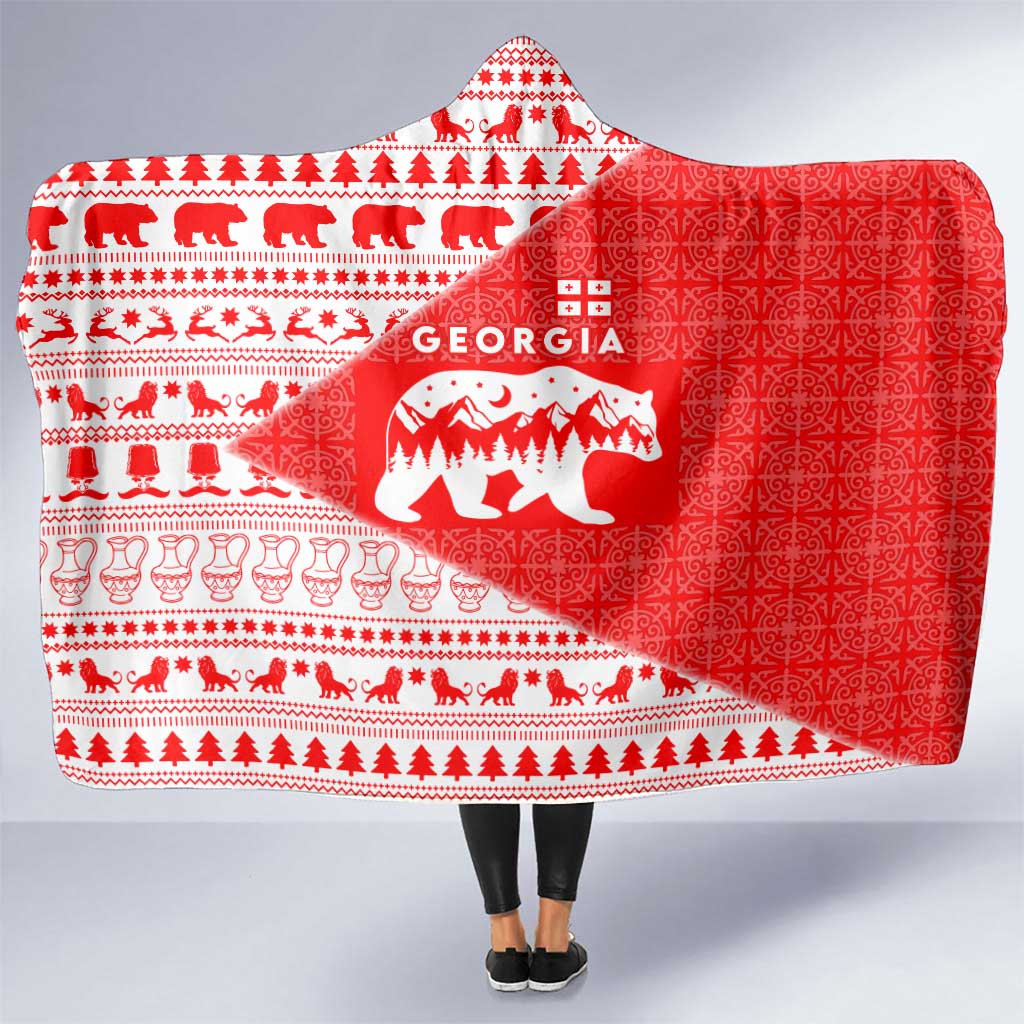 Georgia Christmas Hooded Blanket with Bear Mountains Forest Pattern and Traditional Georgian Design - Wonder Print Shop