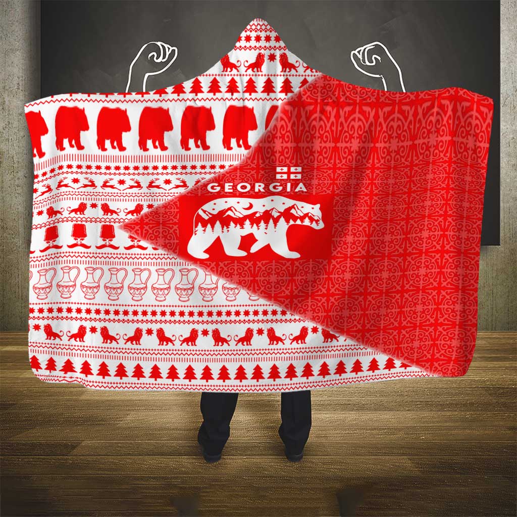 Georgia Christmas Hooded Blanket with Bear Mountains Forest Pattern and Traditional Georgian Design - Wonder Print Shop