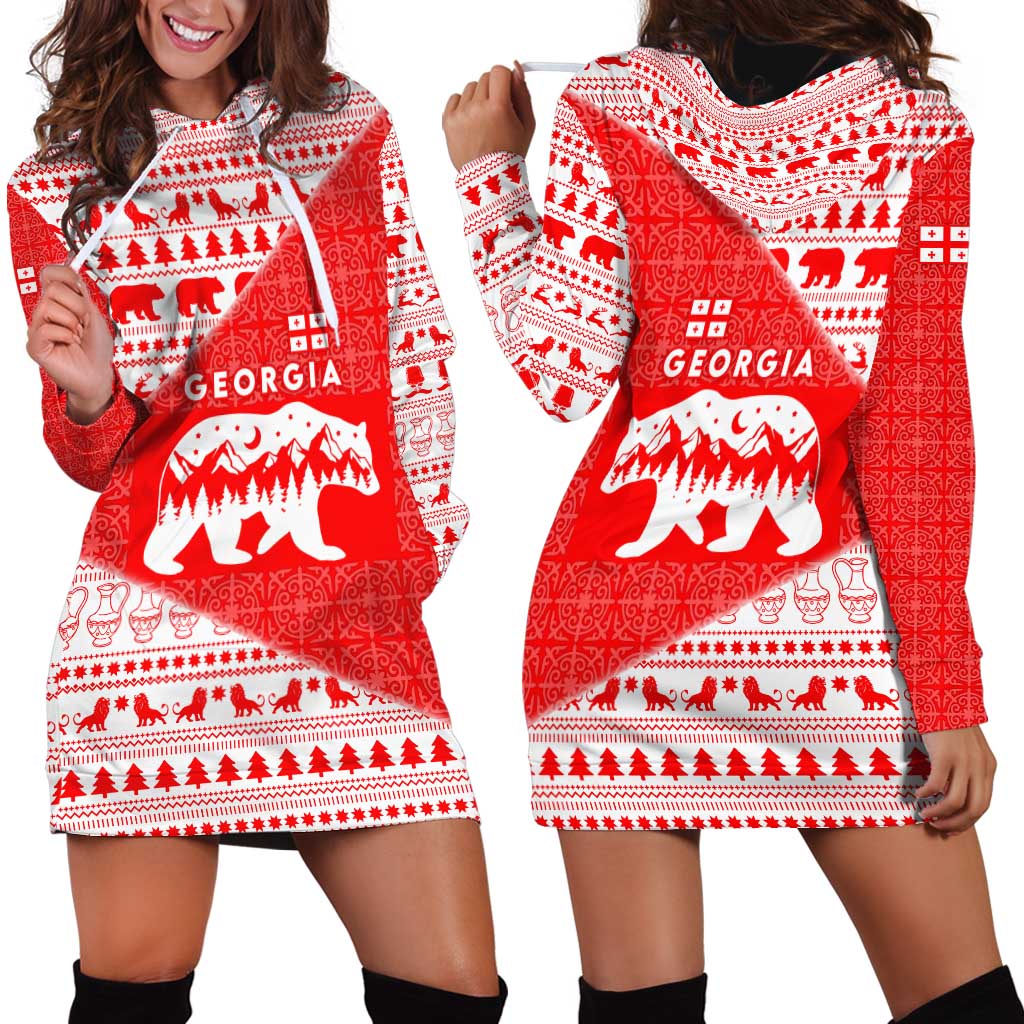 Georgia Christmas Hoodie Dress with Bear Mountains Forest Pattern and Traditional Georgian Design - Wonder Print Shop