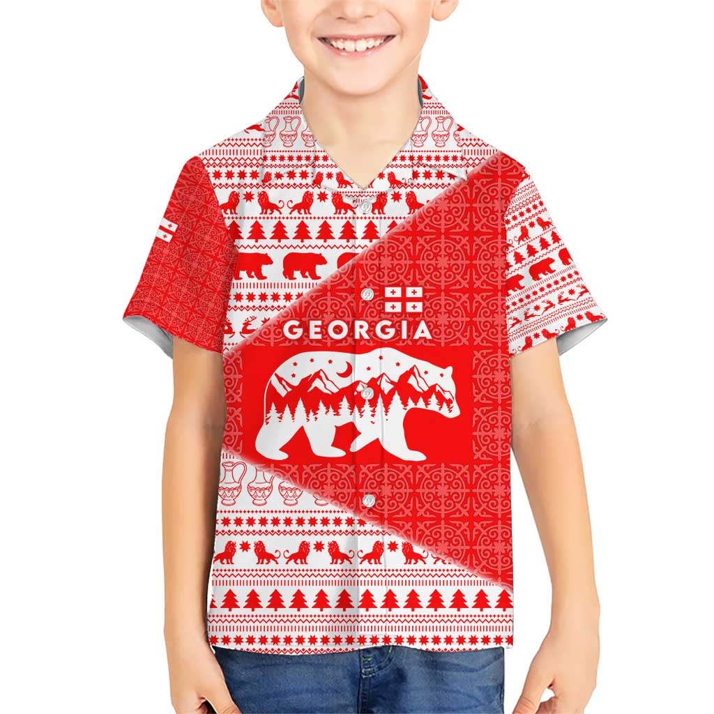 Georgia Christmas Kid Hawaiian Shirt with Bear Mountains Forest Pattern and Traditional Georgian Design - Wonder Print Shop