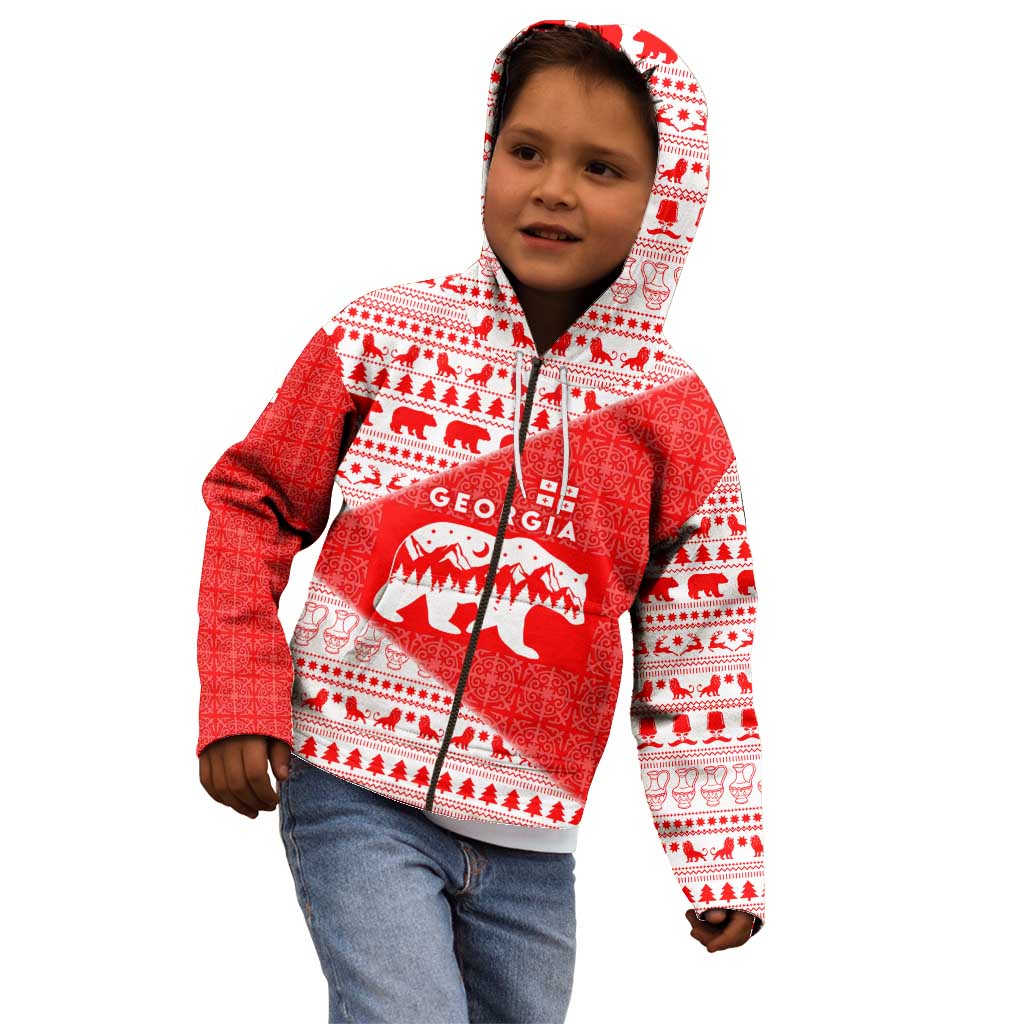 Georgia Christmas Kid Hoodie with Bear Mountains Forest Pattern and Traditional Georgian Design - Wonder Print Shop