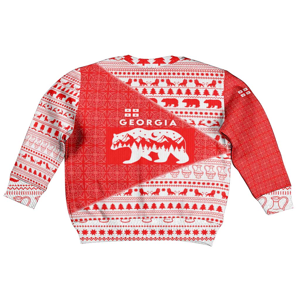 Georgia Christmas Kid Ugly Christmas Sweater with Bear Mountains Forest Pattern and Traditional Georgian Design - Wonder Print Shop