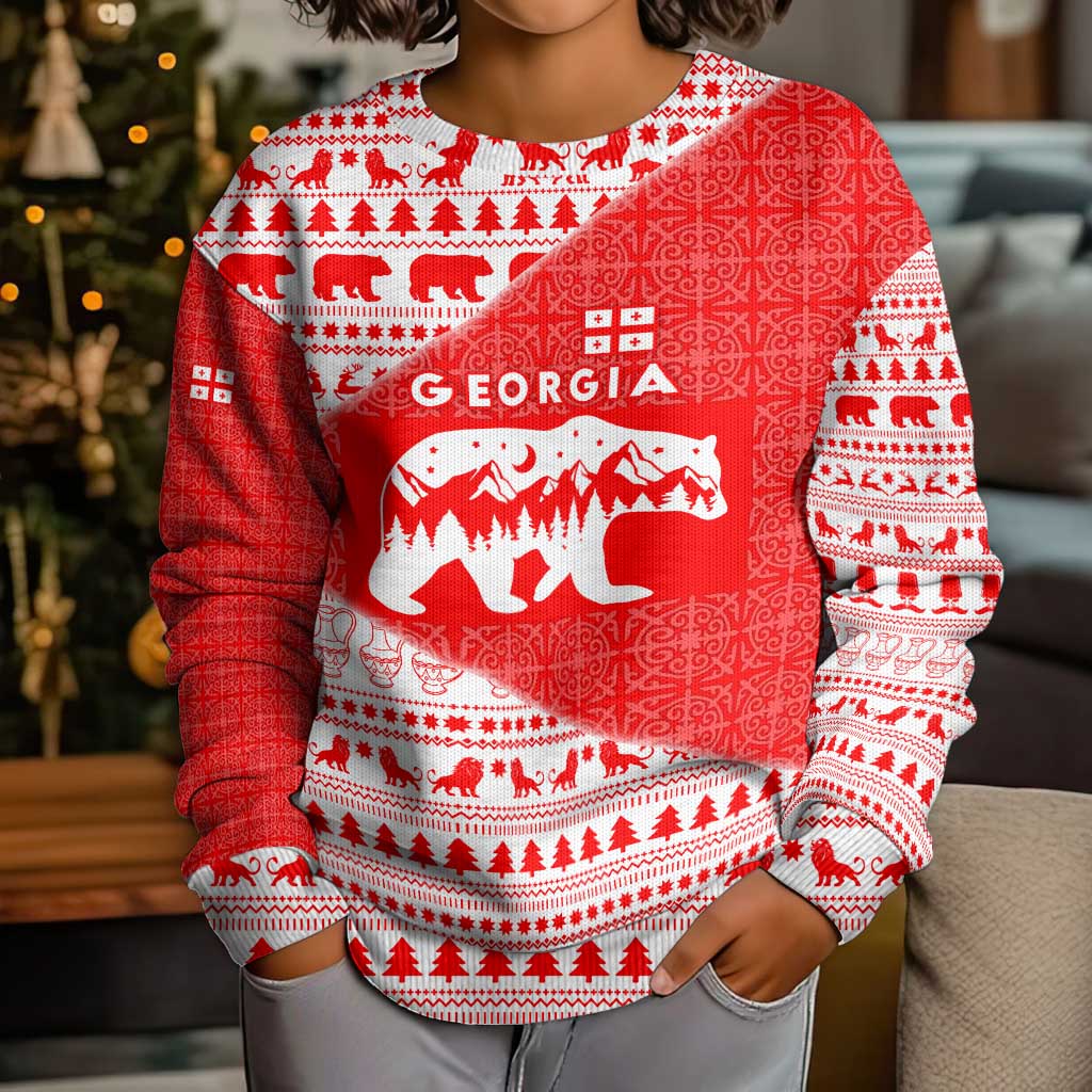 Georgia Christmas Kid Ugly Christmas Sweater with Bear Mountains Forest Pattern and Traditional Georgian Design - Wonder Print Shop