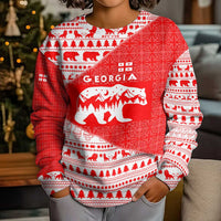 Georgia Christmas Kid Ugly Christmas Sweater with Bear Mountains Forest Pattern and Traditional Georgian Design - Wonder Print Shop