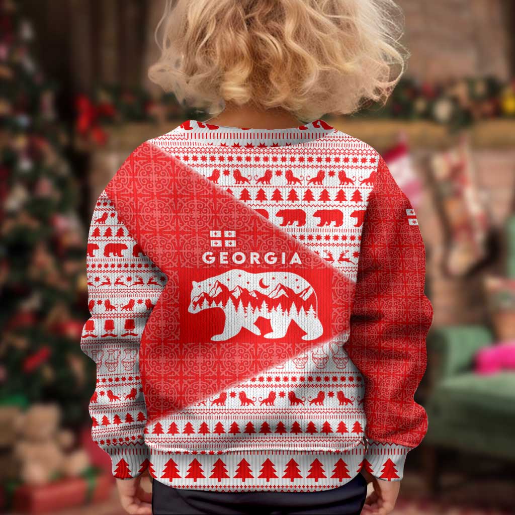 Georgia Christmas Kid Ugly Christmas Sweater with Bear Mountains Forest Pattern and Traditional Georgian Design - Wonder Print Shop