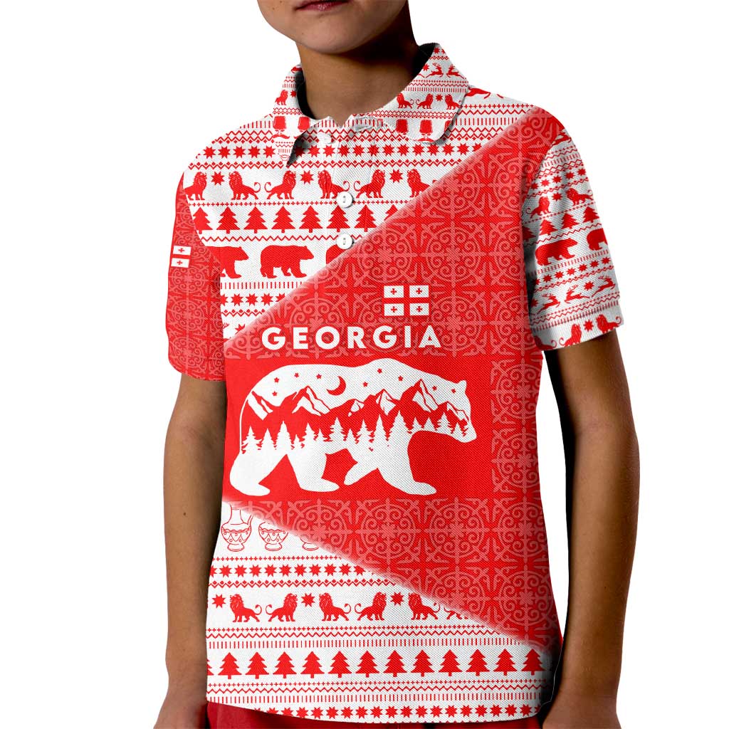 Georgia Christmas Kid Polo Shirt with Bear Mountains Forest Pattern and Traditional Georgian Design - Wonder Print Shop