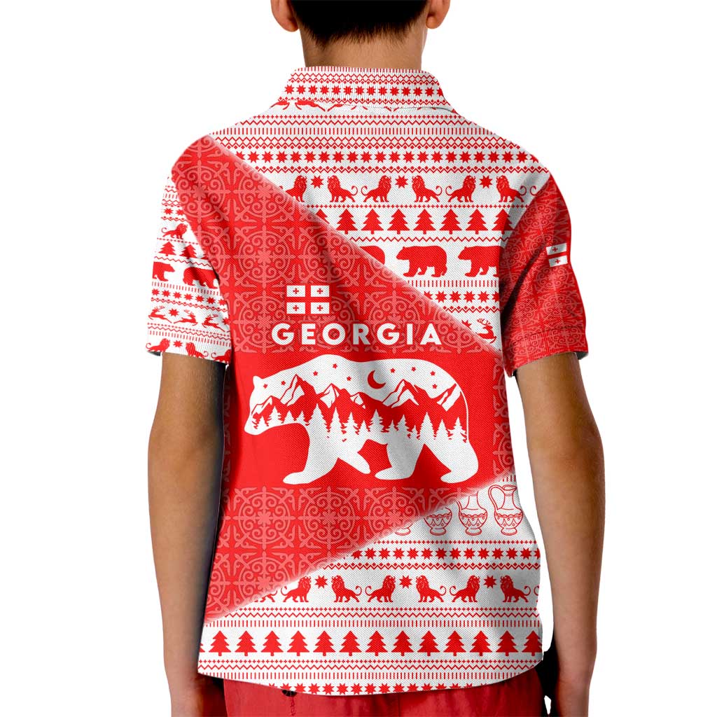 Georgia Christmas Kid Polo Shirt with Bear Mountains Forest Pattern and Traditional Georgian Design - Wonder Print Shop