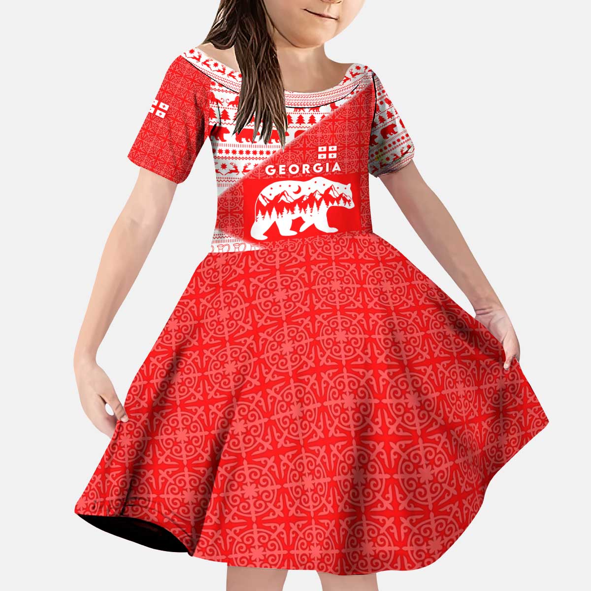 Georgia Christmas Kid Short Sleeve Dress with Bear Mountains Forest Pattern and Traditional Georgian Design - Wonder Print Shop