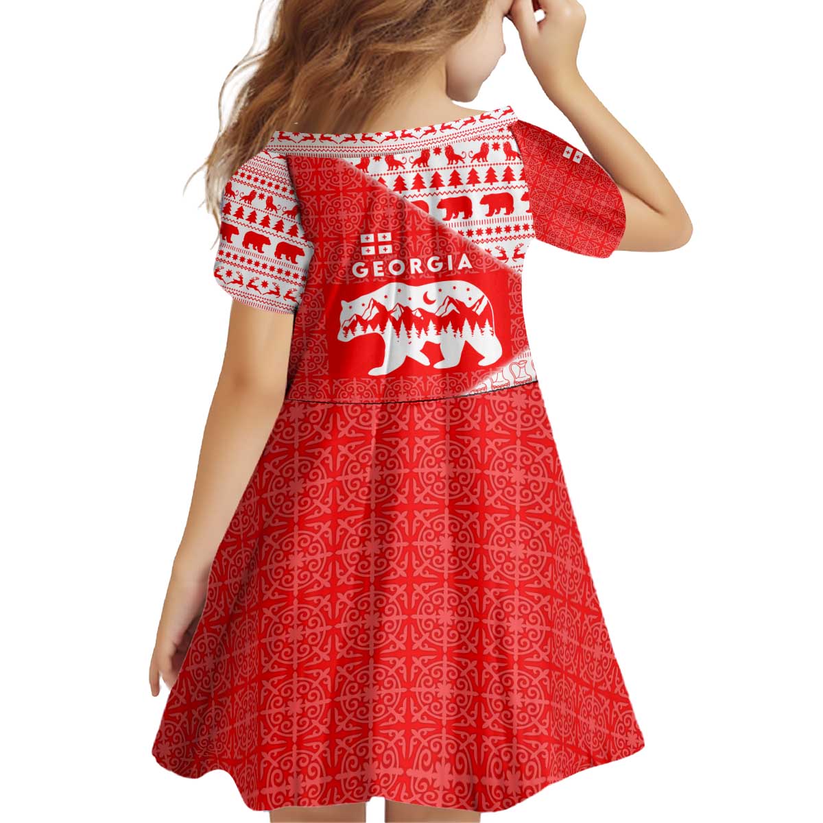 Georgia Christmas Kid Short Sleeve Dress with Bear Mountains Forest Pattern and Traditional Georgian Design - Wonder Print Shop